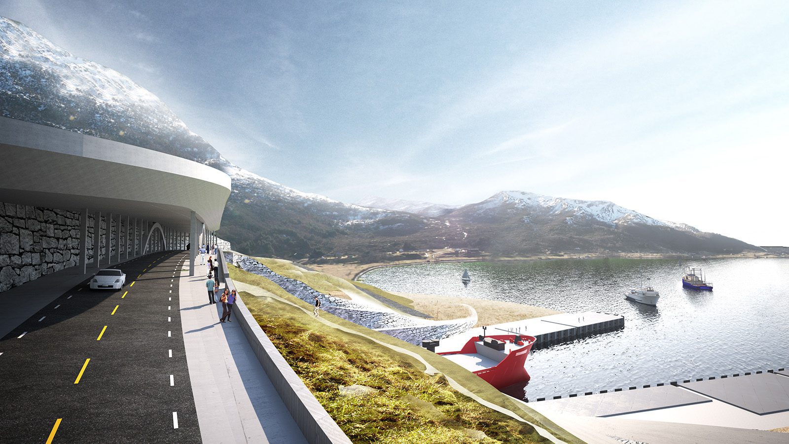 Futuristisk kystvei med gangsti, med utsikt over en havn med båter og snødekte fjell i bakgrunnen.